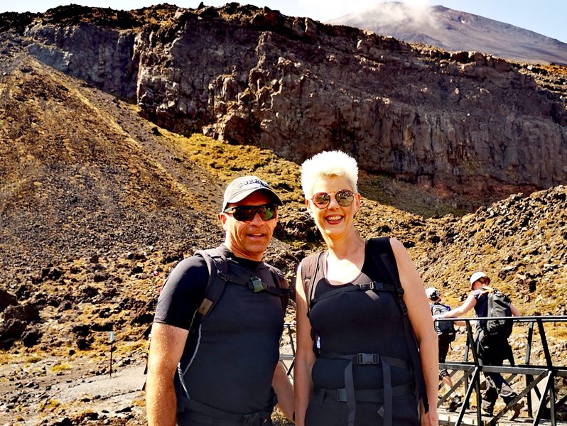 Petra and Hubi Hiking the Tongariro Alpine Crossing, Tongariro National Park, Dual World Heritage Area, New Zealand.