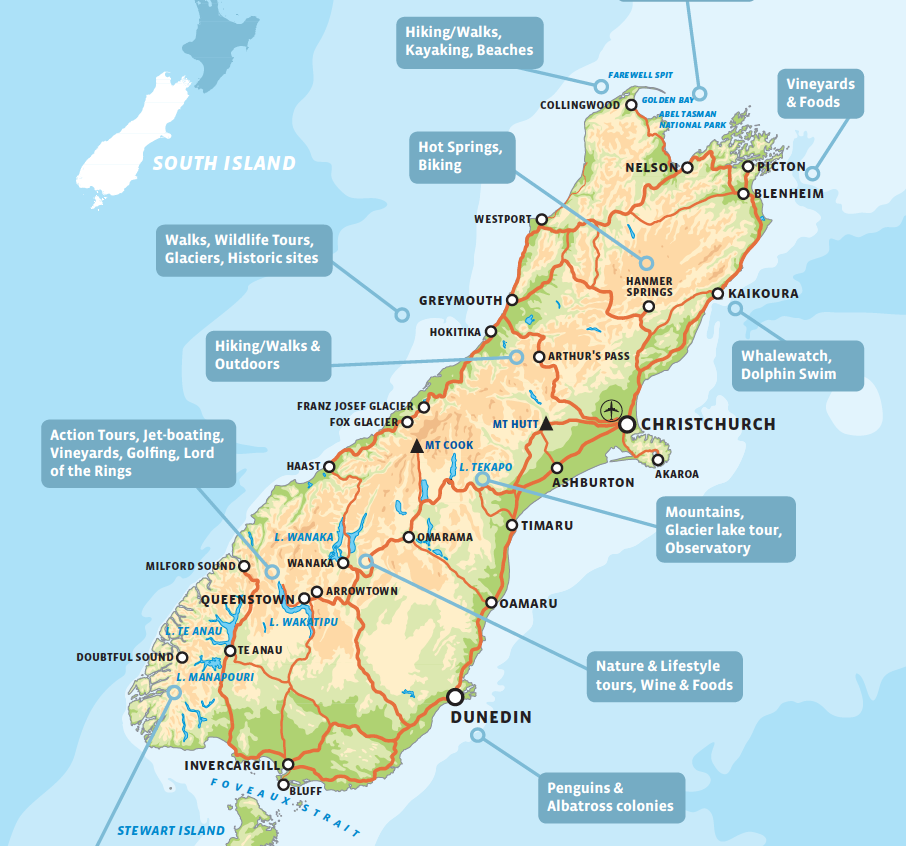 south island map of new zealand with activity details